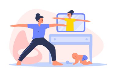 Yoga ve spor yapan kadın çizgi film karakteri, sağlıklı yaşam tarzı, evde online egzersiz. İnternette dizüstü bilgisayar egzersizi konsepti. İniş sayfası, afiş, web sitesi için vektör düz illüstrasyon