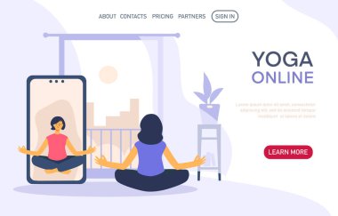 Yoga ve spor yapan kadın çizgi film karakteri, sağlıklı yaşam tarzı, evde online egzersiz. Çevrimiçi egzersiz konsepti. Vektör düz illüstrasyon iniş sayfası, web sitesi için pankart