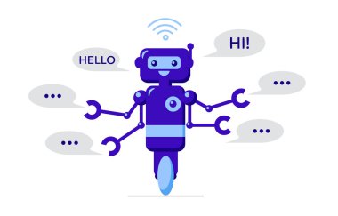Beyaz arka planda izole edilmiş konuşma baloncuğu olan Chatbot. Chatbot işi konsepti. Destek servisi için sevimli robot simgesi. Vektör düz çizim. Pankart, iniş sayfası, site için tasarım.