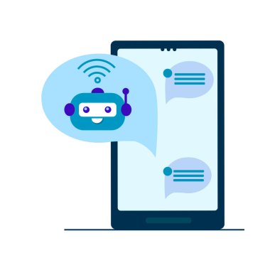 Beyaz arka planda izole edilmiş telefonu olan yeşil konuşma balonunda bir Chatbot. Chatbot işi konsepti. Destek servisi için sevimli robot simgesi. Vektör düz çizim. Pankart, iniş sayfası, site için tasarım.