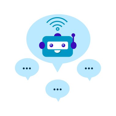 Mavi konuşma baloncuğundaki Chatbot beyaz arka planda izole edildi. Chatbot işi konsepti. Destek servisi için sevimli robot simgesi. Vektör düz çizim. Pankart, iniş sayfası, site için tasarım.