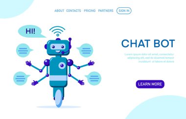 Sohbet robotu iniş sayfası şablonu. Çevrimiçi asistan. Web sayfası için teknik destek tasarımı. Sanal yardım sitesi. Pankart için vektör düz çizgi film illüstrasyonu