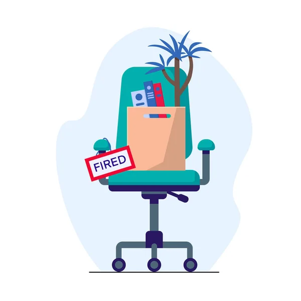 Business chair and box with office things and plant. Fired from job. Flat style vector illustration. Design job loss concept. Template for website, landing page