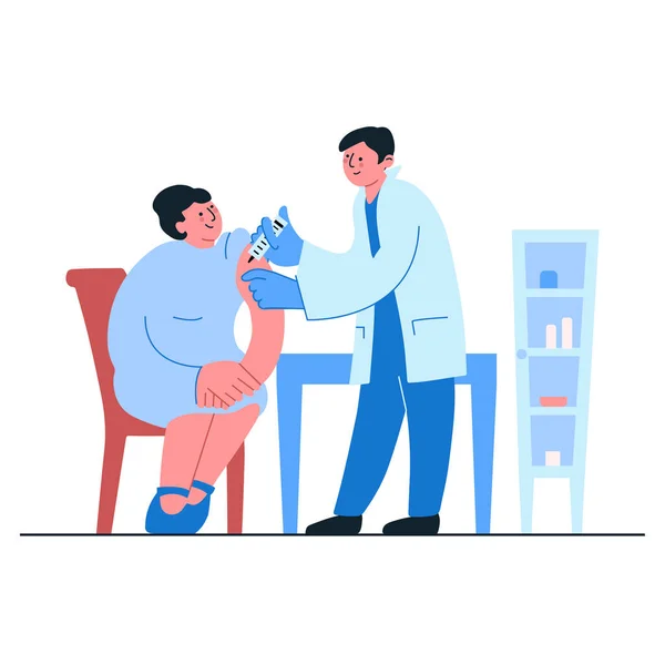 Manlig Läkare Med Spruta Vaccinera Kvinna Vektor Platt Tecknad Illustration — Stock vektor