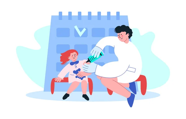 Doctora Con Jeringa Vacunar Los Niños Calendario Vector Plano Ilustración — Archivo Imágenes Vectoriales