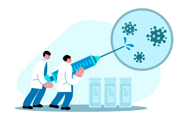 注射器とウイルスを持つ科学者は コロナウイルスのためのワクチンを作成します ウイルスワクチンのベクターフラット漫画イラストのコンセプト 病気の治療 ランディングページのためのデザイン テンプレート ウェブ ポスター バナー — ストックベクタ