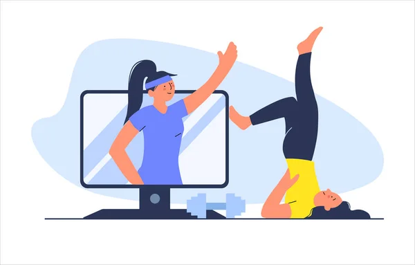 Zeichentrickfigur Frauen Praktizieren Yoga Und Fitness Gesunder Lebensstil Online Workout — Stockvektor