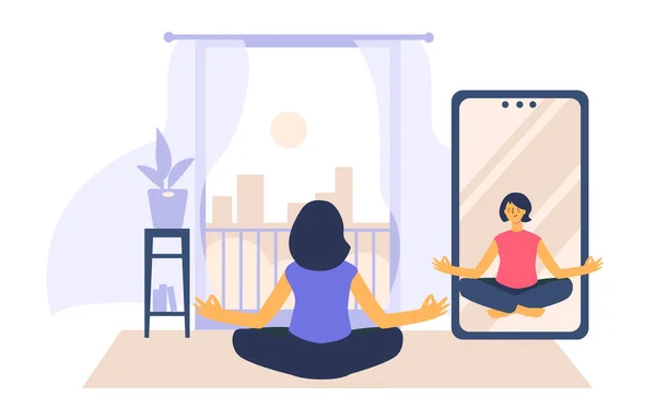 女卡通人物练习瑜伽和健身 健康的生活方式 在家上网锻炼 在线锻炼的概念 登陆页 网站的矢量平面图解 — 图库矢量图片