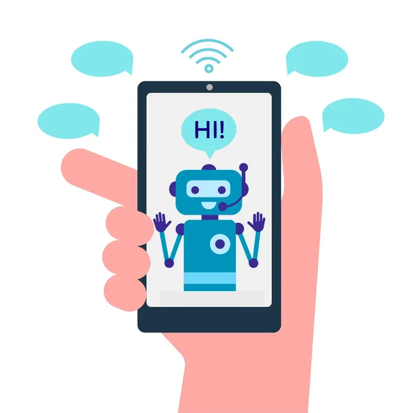 Chat Bot Assistant Ligne Bulles Main Téléphone Conception Support Technique — Image vectorielle