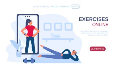 Kadın koç, yoga ve spor yapan yaşlı adam çizgi film karakteri, sağlıklı yaşam tarzı, evde online egzersiz. İnternette dizüstü bilgisayar egzersizi konsepti. İniş sayfası için vektör düz illüstrasyon, afiş
