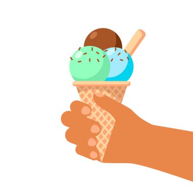 Beyaz arka planda izole edilmiş waffle külahında renkli dondurma. Çizgi film tarzında vektör illüstrasyonu. Pankart, kafe, menü için tasarım