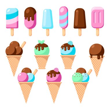 Dondurma külahları beyaz arka planda izole edilmiş farklı bir vektör seti koleksiyonuna sahipler. El çizimi renkli yaz tatlıları seti. Kanat stilinde illüstrasyon. Pankart, kafe, menü için tasarım