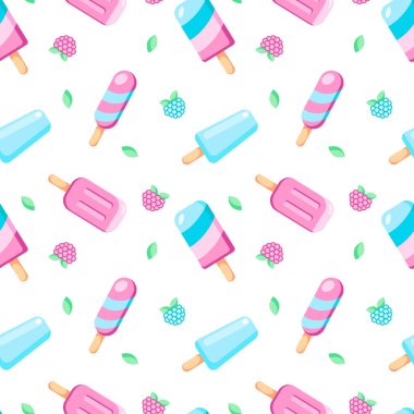 Dondurma vektörü beyaz arka planda izole edilmiş. Elle çizilmiş renkli bir yaz tatlısı, meyveler ve yapraklarla. Düz bir tasvir. Pankart, duvar kağıdı, ambalaj, tekstil tasarımı