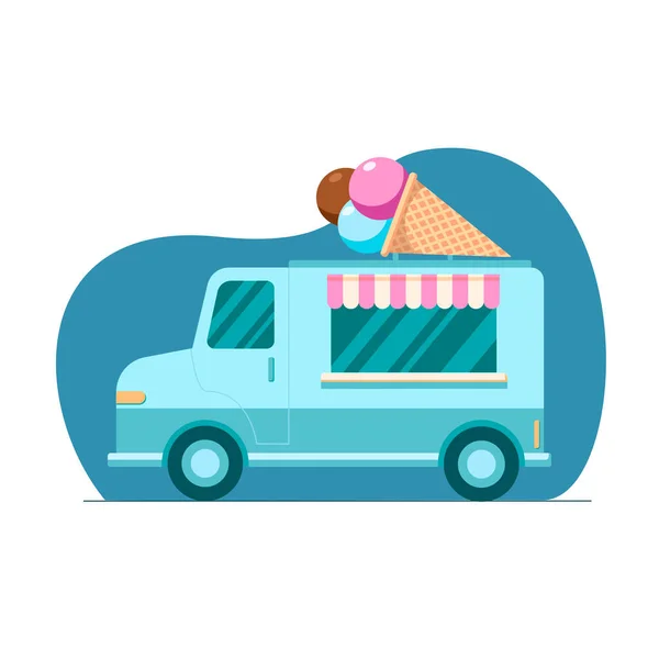 Handgezeichneter Farbenfroher Ice Truck Mobiler Laden Auf Blauem Hintergrund Illustration — Stockvektor