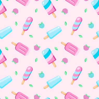 Dondurma vektörü, pembe arka planda izole edilmiş. Elle çizilmiş renkli bir yaz tatlısı, meyveler ve yapraklarla. Düz bir tasvir. Pankart, duvar kağıdı, ambalaj, tekstil tasarımı