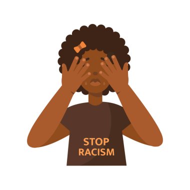 Irkçılığı bırak. Beyaz arka planda ağlayan küçük Afrikalı Amerikalı kız. Irkçılık kavramının sosyal sorunları. Pankart, şablon, yazdırma için en iyi vektör düz çizim