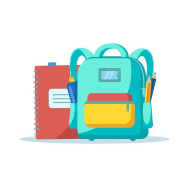  Beyaz arka planda izole edilmiş çanta okulu dairesi. Yeşil ve sarı sırt çantalı, içinde okul malzemeleri olan defter, kalem, su ikonu karikatürü olan şişe. Web, site, reklam, afiş, poster için okul tasarımı