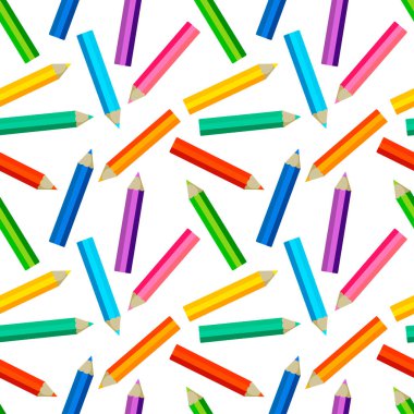 Beyaz arka planda izole edilmiş renkli kalemlerle kusursuz desen. Minimum düz stil vektör çizimi. Paketleme, duvar kağıdı, afiş, arkaplan, doku için tasarım