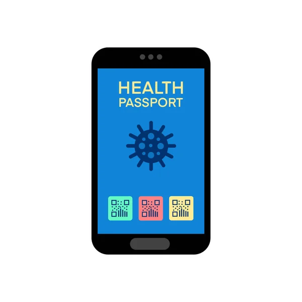 白い背景に隔離された携帯電話の画面上の免疫の電子健康パスポート Covid19パンデミック後の旅行のためのパスポート 平型ベクトルイラスト — ストックベクタ