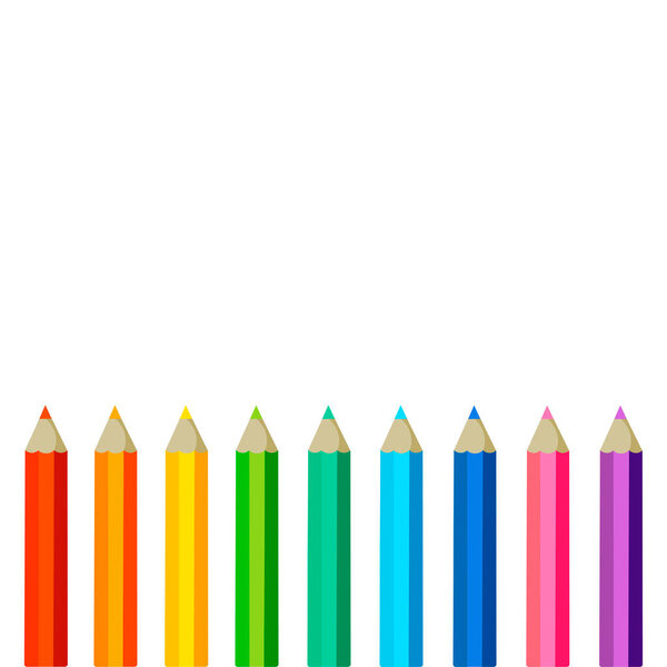 Collection of colored pencils with copy space isolated on white background. Vector illustration on flat cartoon style. Design for template, web, app, branding, advertising, card, school