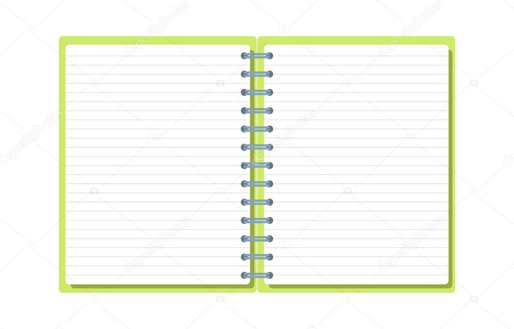 Template with spiral notepad and paper sheets isolated on white background with place for text. Diary for business, school vector background with open notebook. Office stationery items. Copy space