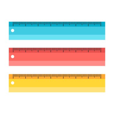 Renkli ölçüm araçları seti beyaz arka planda izole okul aletleri. Vektör düz çizim. Ölçüm sistemi ölçüsü. Ölçüm için aygıt cetveli