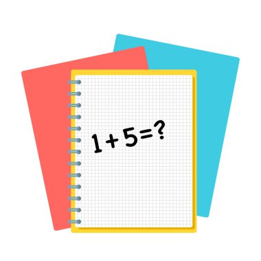 Sarmal not defteri ve matematik örneği içeren şablon beyaz zemin üzerinde izole edilmiş metin için yer. İş günlüğü, açık defterli okul vektör geçmişi. Ofis kırtasiye malzemeleri. 