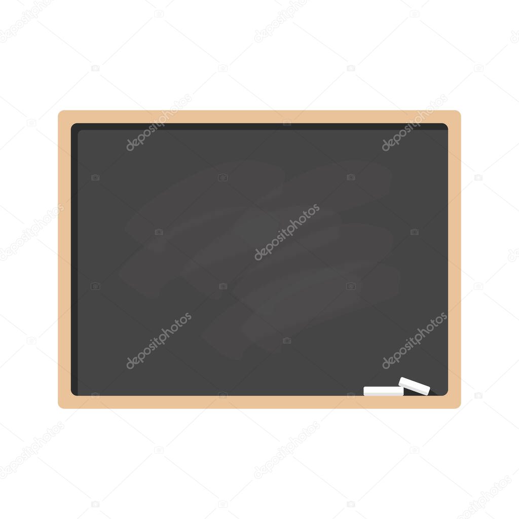 Blackboard with wooden frame and chalk isolated on white background. Vector flat illustration. Template, banner, blank with copy space