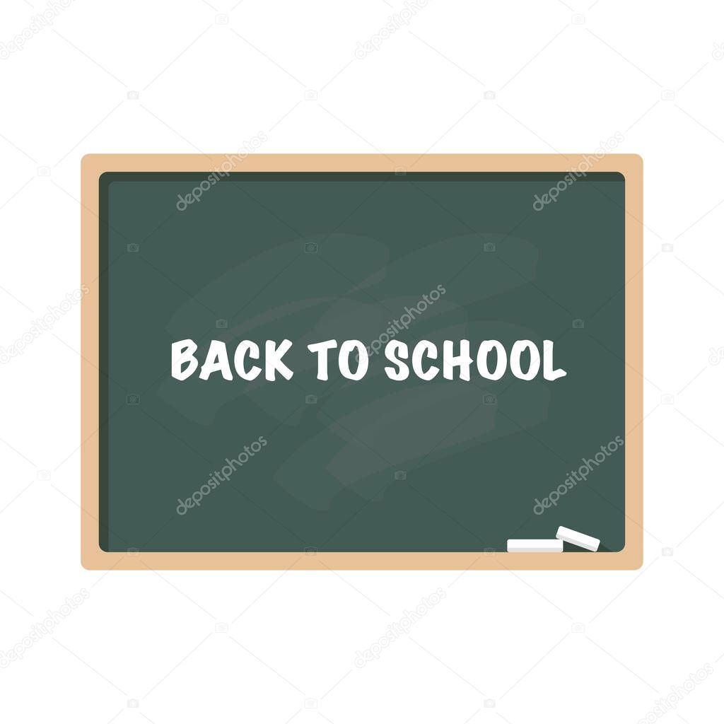 Blackboard with wooden frame and chalk isolated on white background. Vector flat illustration. Template, banner, blank with copy space