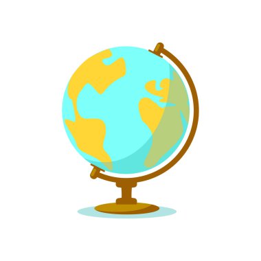 Dünya gezegeninin okul küresi beyaz arka planda izole edilmiş. Okulun coğrafya ikonu. Vektör düz çizim. Pankart, broşür için tasarım