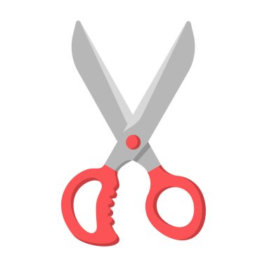 Beyaz arkaplan simgesinde izole edilmiş kırmızı plastik saplı makası aç. Okul aleti. Kırtasiye malzemeleri. Vektör düz resimleme