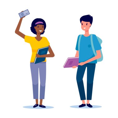 Farklı ırktan mutlu bir öğrenci grubu beyaz arka planda tek başına ayakta duruyor. Sırt çantası ve kitapları olan neşeli gençler. Düz bir şekilde vektör illüstrasyonu. Eğitim ve gençlik kavramı