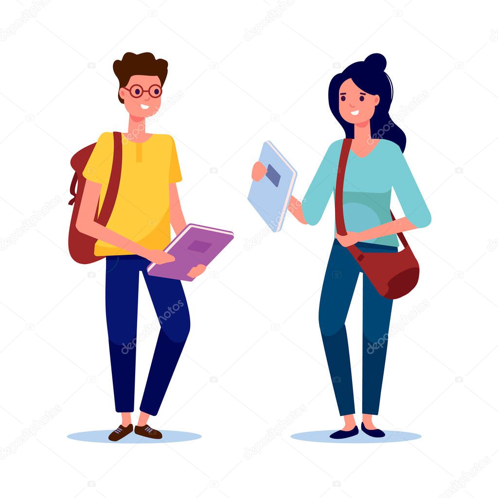 Group of students are standing and speaking together isolated on  white background. Smiling young people with backpack, bag and books. Vector illustration in flat style.  Education and youth concept