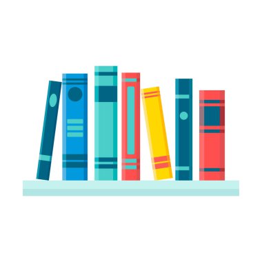Beyaz arka planda izole edilmiş renkli kitaplarla dolu bir kitaplık. Vektör düz çizim. Okuma, eğitim, e-kitap, edebiyat, ansiklopedi. Kart için tamplaka, pankart 