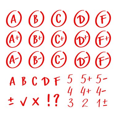 Kırmızı notların el çizimleri ve beyaz arka planda izole edilmiş sonuçlar. Test sınav işareti raporu.