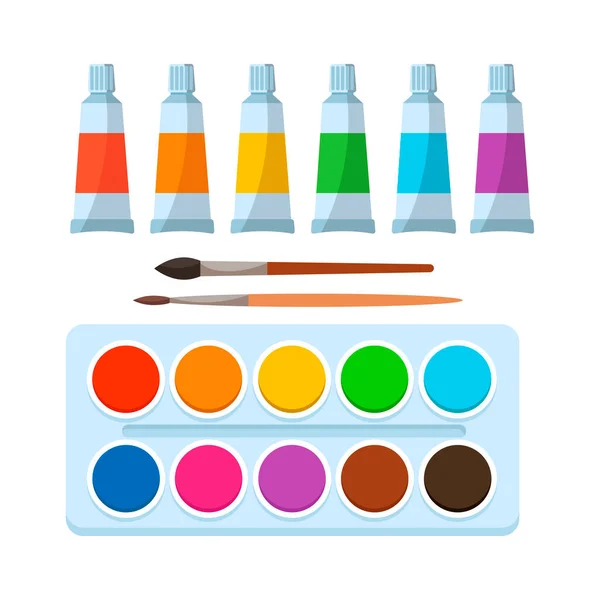 Art Supplies Brushes Box Tubes Watercolor Paints Design Creative Materials — Stock Vector