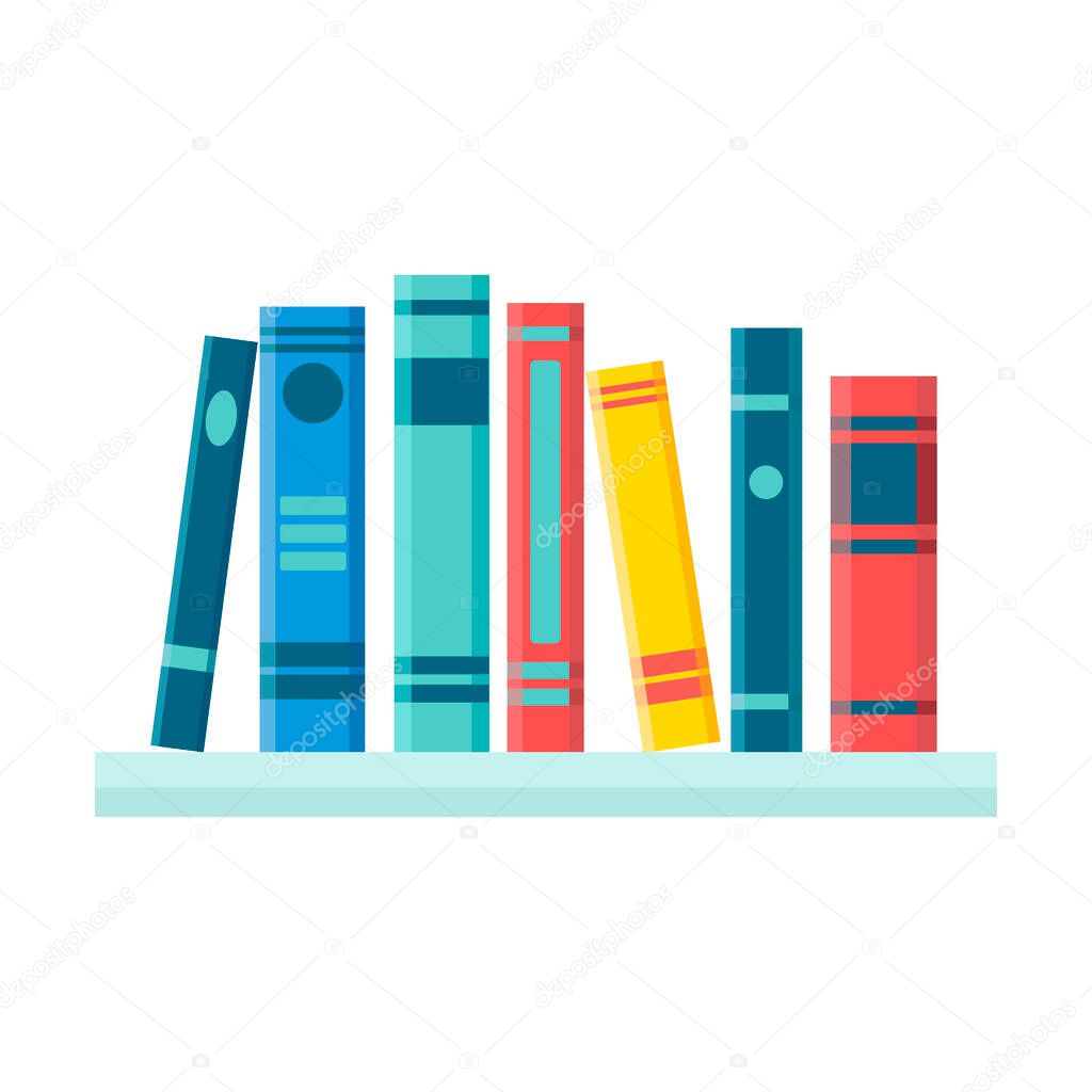 Bookshelf with colorful books isolated on white background. Vector flat illustration. Reading, education, e-book, literature, encyclopedia.  Tamplate for card, banner 