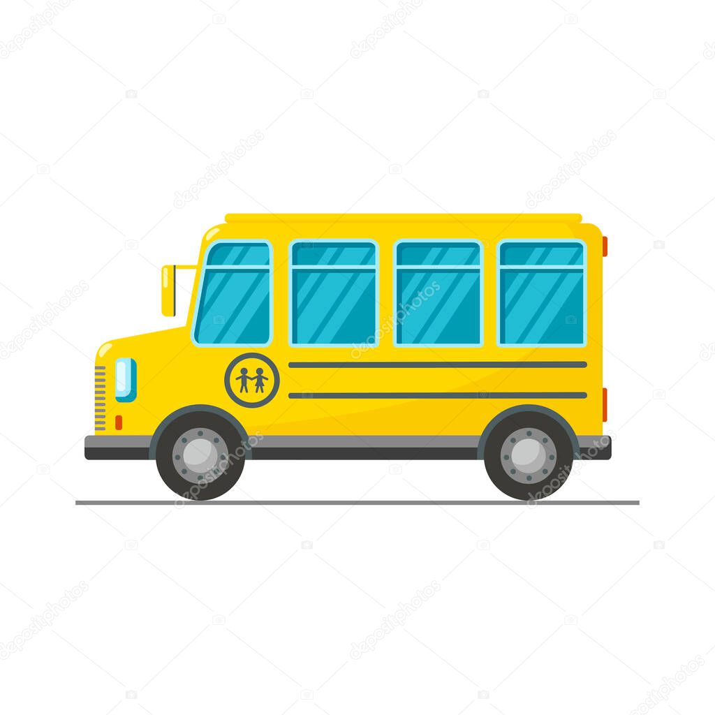 Vector yellow school bus isolated on white background. Illustration on flat style. Transfer for student. Design for card, banner