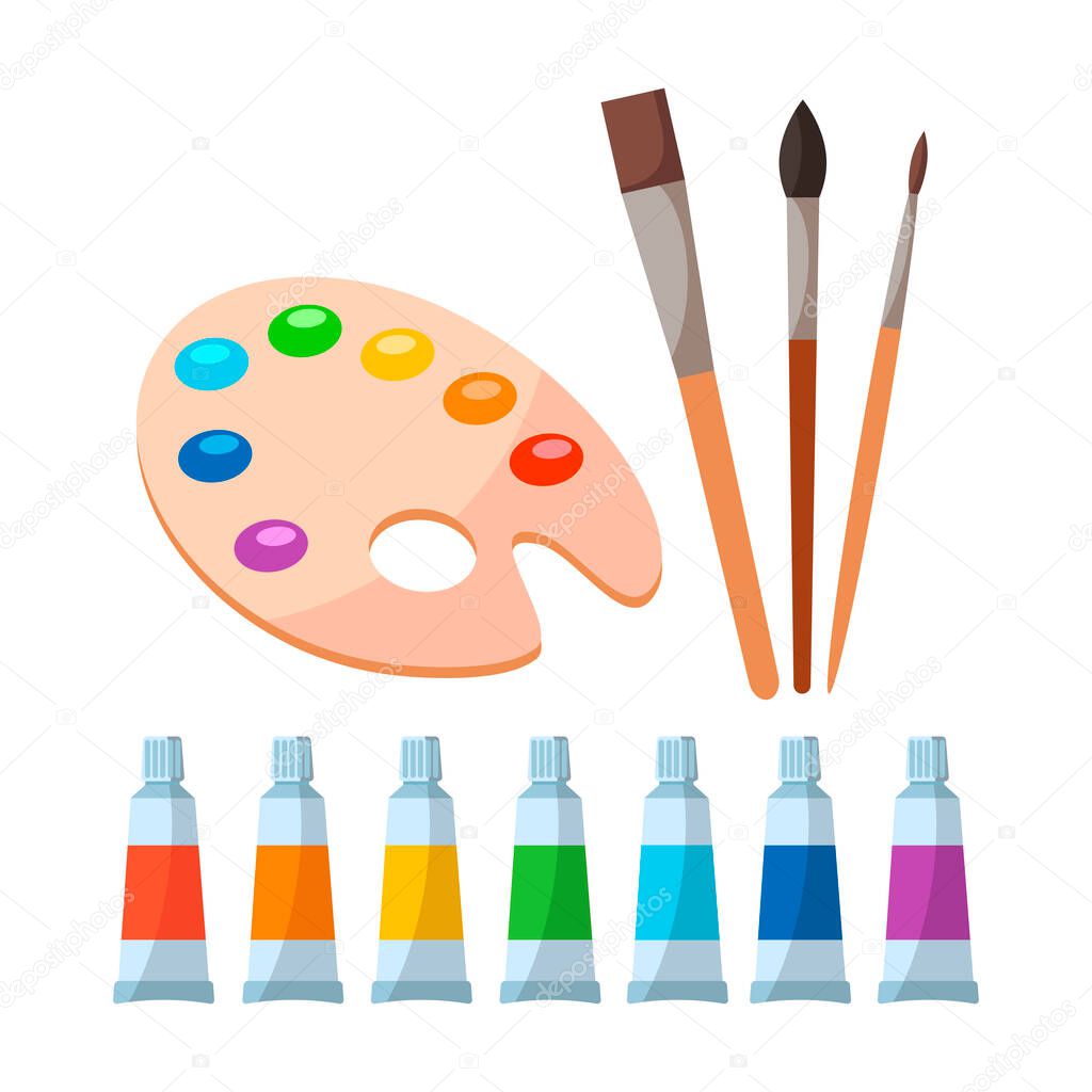 Painting tools elements cartoon colorful vector set isolated on white background. Art supplies, brushes,  watercolor, wooden palette. Design  creative materials for workshops banner, card