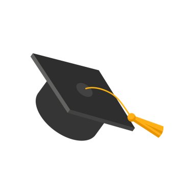 Mezuniyet şapkası. Beyaz arka planda izole edilmiş püsküllü akademik şapka. Düz biçimde vektör sembolü çizimi. Kart, bayrak, logo, kavram eğitimi için tasarım
