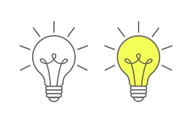 Işıklı ampul seti. Enerji ve fikir sembolü beyaz arkaplanda izole edilmiş. Vector doodle çizgi çizimi. Tebrik kartları, yamalar, baskılar, rozetler, posterler için tasarım