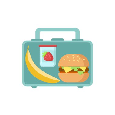 Okulda atıştırmalık muz, lezzetli sandviç ve beyaz arka planda çilekli yoğurt. Renkli sağlıklı yemek deposu. Vektör düz resimleme