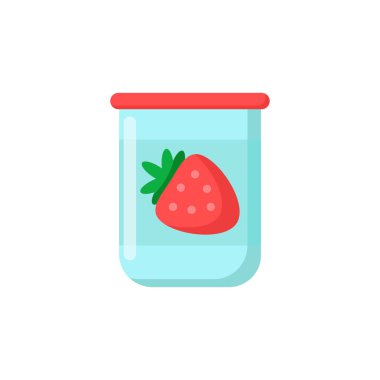 Beyaz arka planda izole edilmiş yiyecek kabında taze ve doğal çilekli yoğurt paketi. Süt ürünleri vektörü düz çizim. Markanız, logonuz, şablonunuz, etiketiniz, market ambleminiz için tasarım