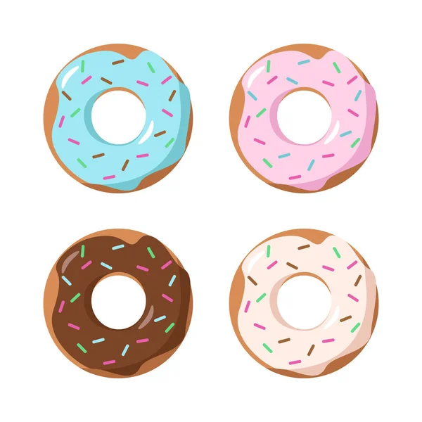 Set Van Cartoon Kleurrijke Smakelijke Geglazuurde Donuts Geïsoleerd Witte Achtergrond — Stockvector