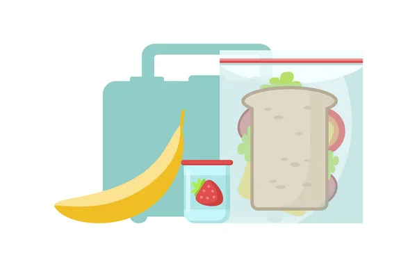 Almuerzo Merienda Escolar Plátano Sabroso Sándwich Yogur Con Fresa Aislado — Vector de stock