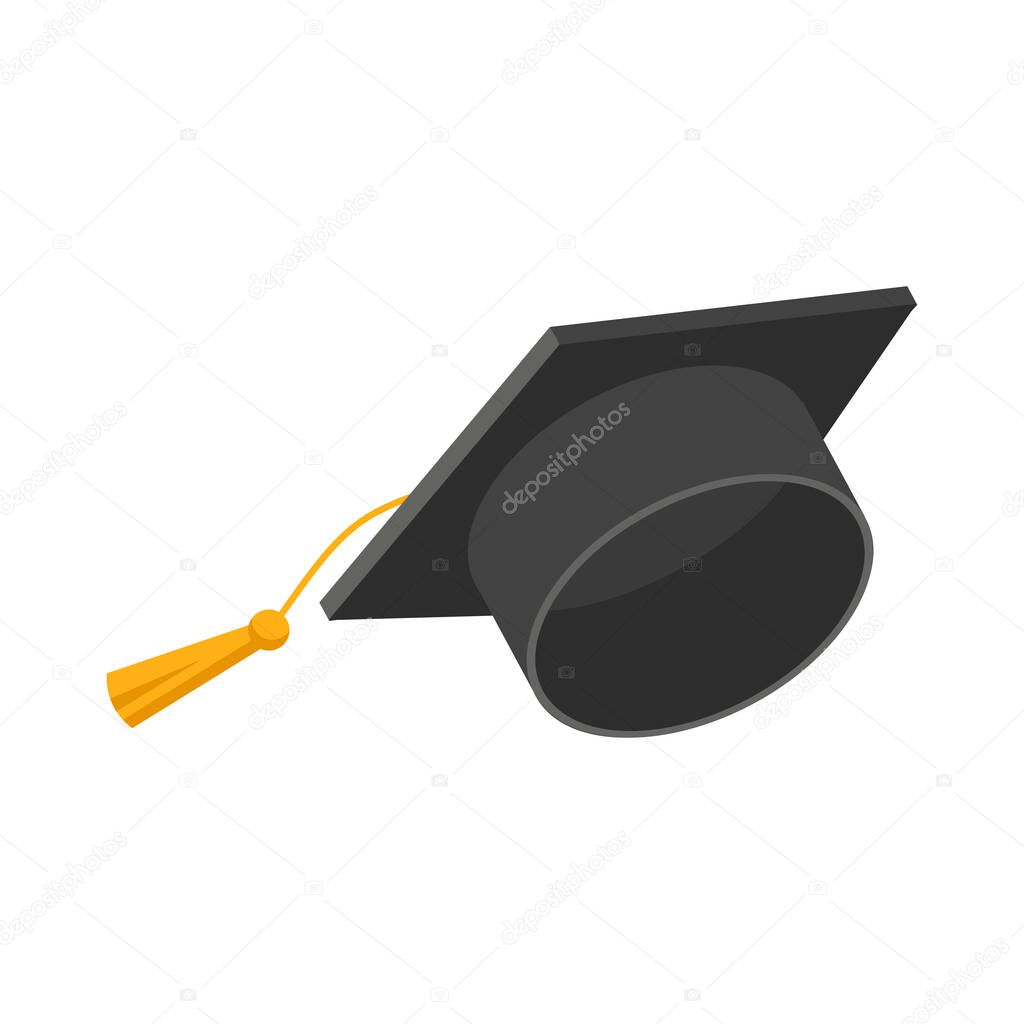 Graduation cap. Academic hat with tassel isolated on white background. Vector symbol  illustration in flat style. Design for card, banner, logo, concept education