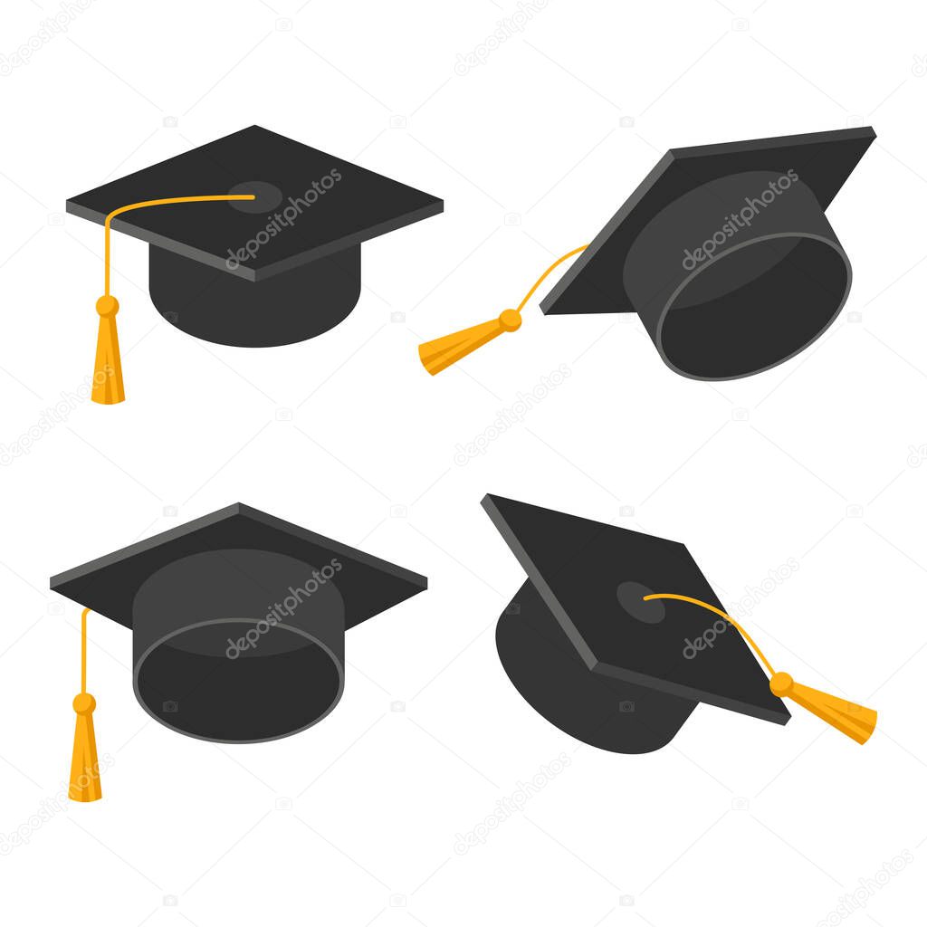 Set of graduation cap. Academic hat with tassel isolated on white background. Vector symbol  illustration in flat style. Design for card, banner, logo, concept education