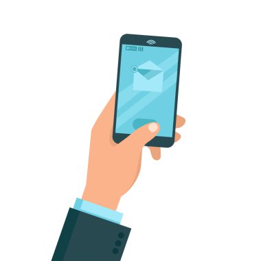 Ekranda beyaz arka planda izole edilmiş e-posta sembollü akıllı telefona dokunmak. Vektör düz resimleme.