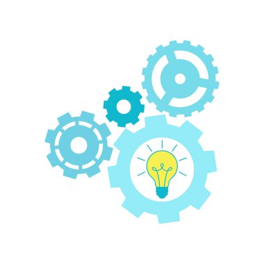 Beyaz arka planda izole edilmiş ampul ikonlu çember dişli. Sembol fikri ya da çözüm. Gelişim ağı için düğme simgesi, teknoloji işareti. Infographic vektör şablonu