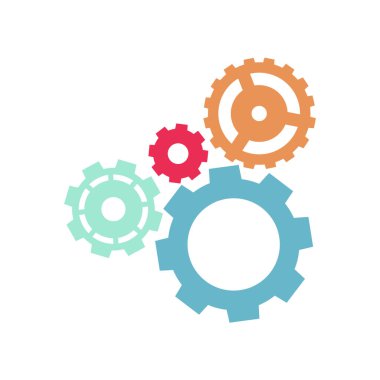 Mühendislik mekanizması simgesi için çember dişlileri beyaz arka planda izole edildi. Gelişim ağı için renkli dişli sembolü, makine endüstriyel teknoloji işareti. Infographic vektör şablonu